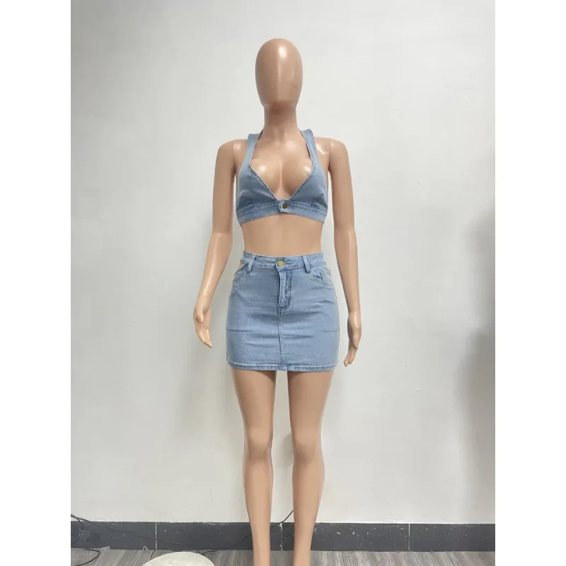 Vintage Women Denim 2 Piece Set Halter Deep V Neck Crop Tank Top Skinny Mini Skirts Matching Set 2024 Summer Sexy Club Outfits