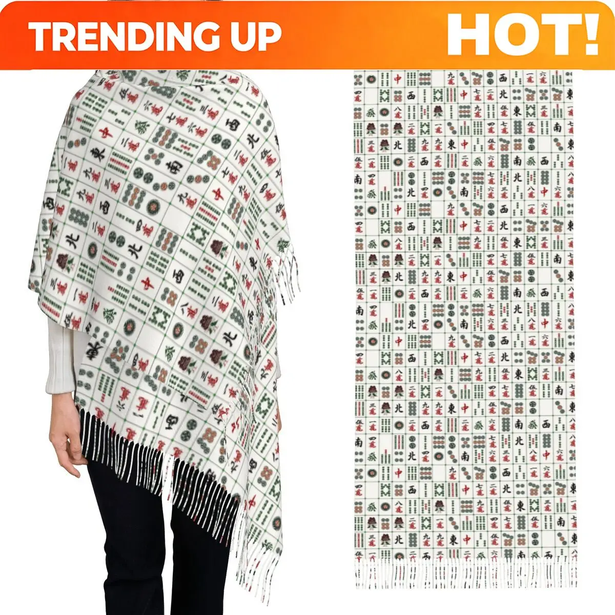 Customization Mahjong Tile Pattern Scarf Tassel Scarves Women Soft Warm Shawls And Wraps Long Fall Winter Shawl Wrap