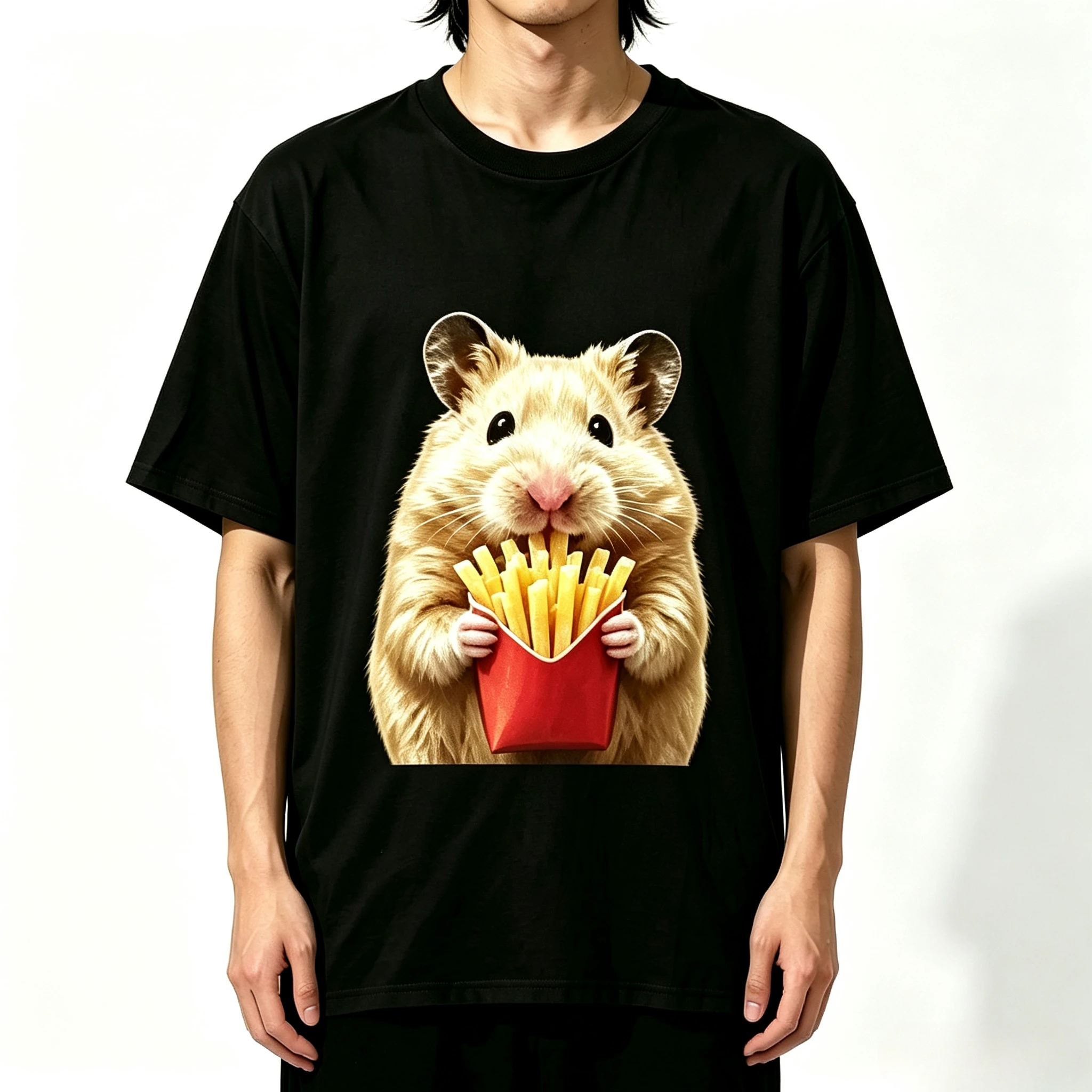 Unisex Loose Short Sleeve Modal T‑Shirt Couple Matching Outfit Cartoon Lovely Hamster With French Fries Graphic Tee