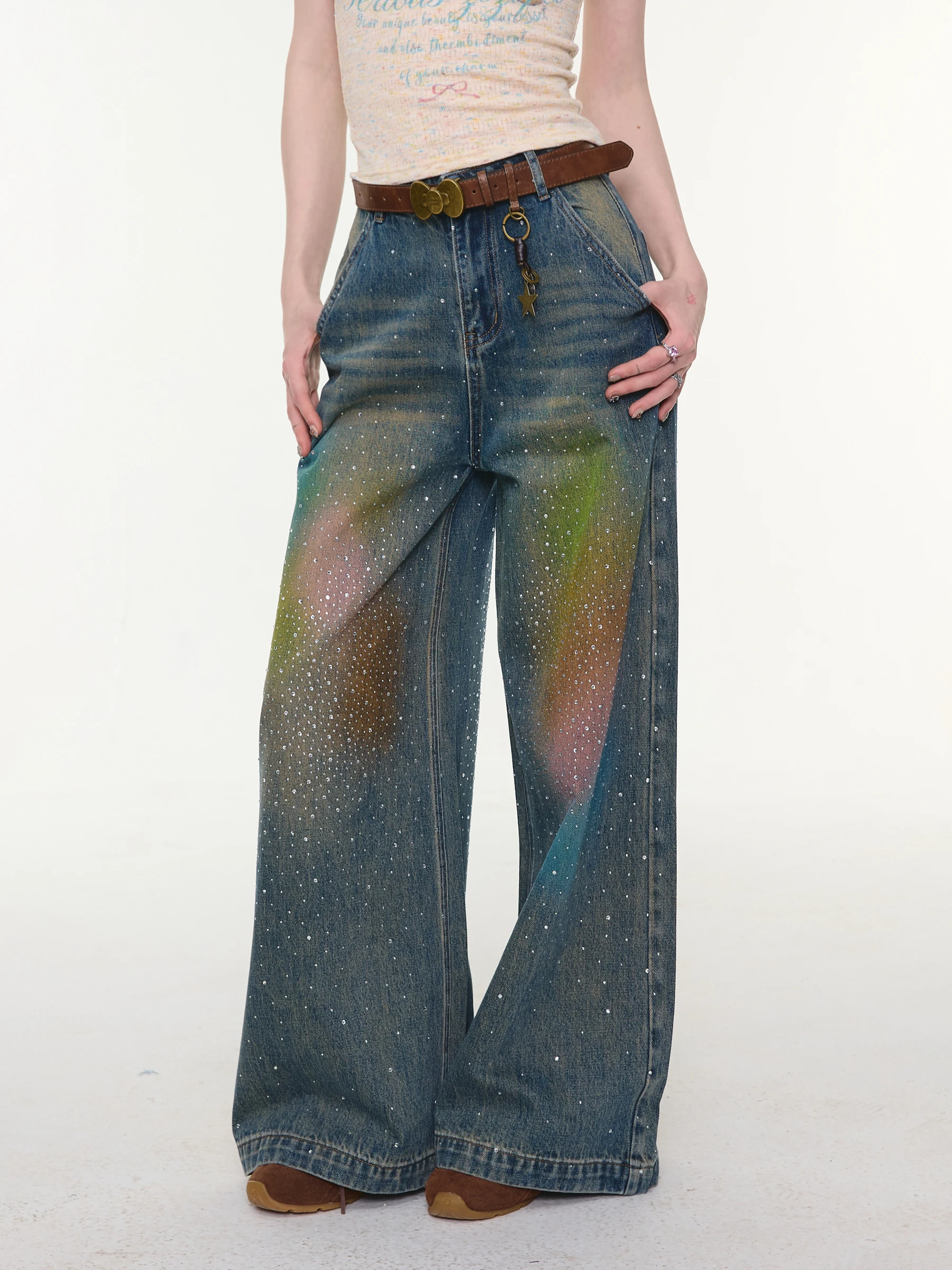 

ZiziFei Rainbow Gradient Wide Leg Jeans Women's Loose Fit Natural Waist Cotton Long Pants Summer Fashion Spectral Design