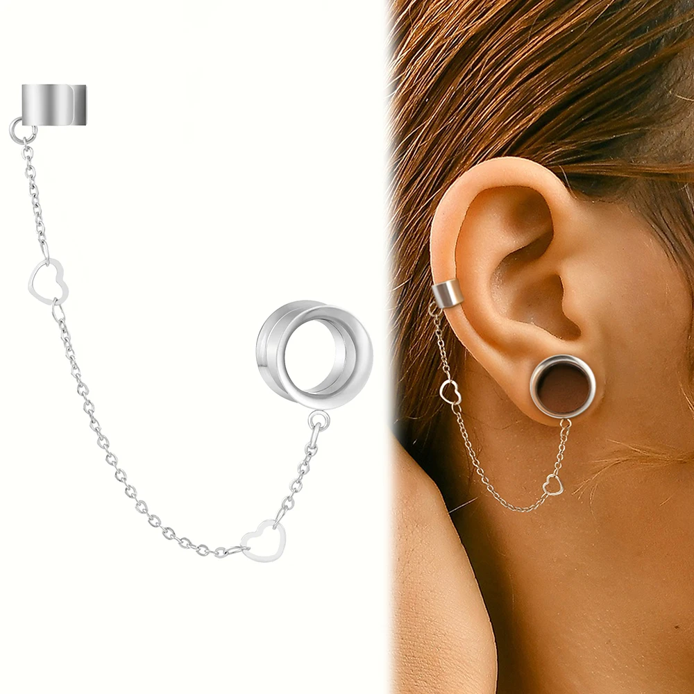 Giga 2PCS Fashion Chain Bead Earrings Plugs Tunnels Stainless Steel Pendant Ear Gauges Body Piercing Jewelry For Women Men