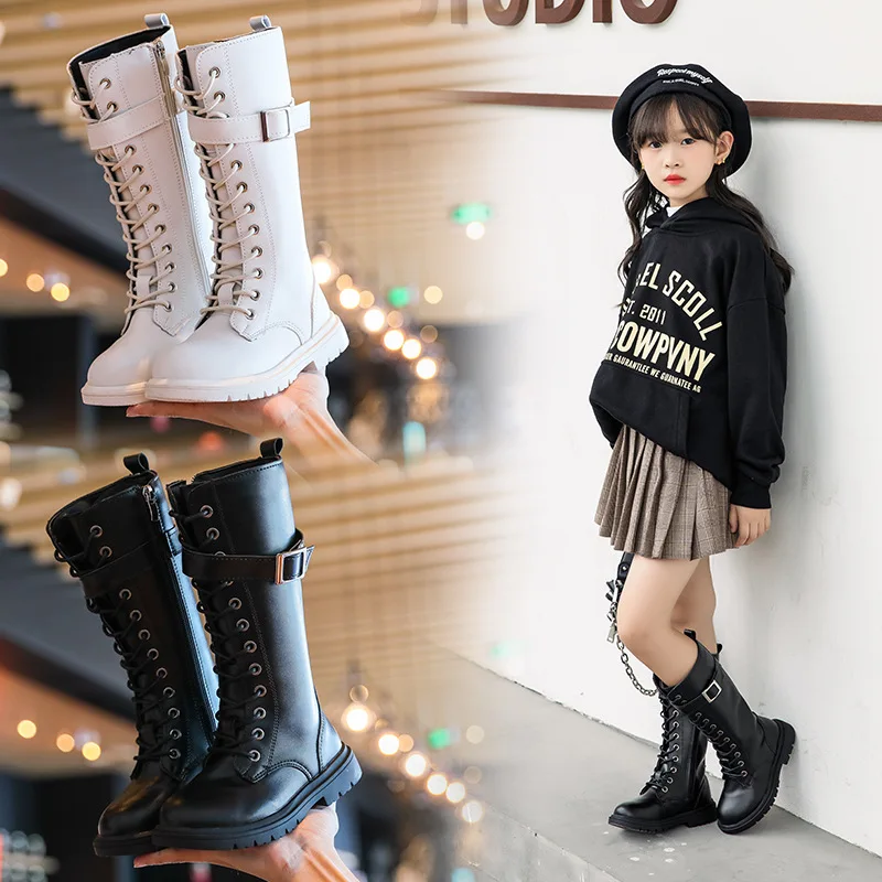 Girls Boots 2023 Autumn New Fashion Leather Knee-length Long Boots Princess High Top Kids Shoes Casual Children Cotton Boots