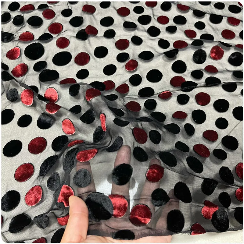 Black and Red Dots Hollowed Out Silk Velvet Fabric Dress Cheongsam Shirt Clothing Fabric