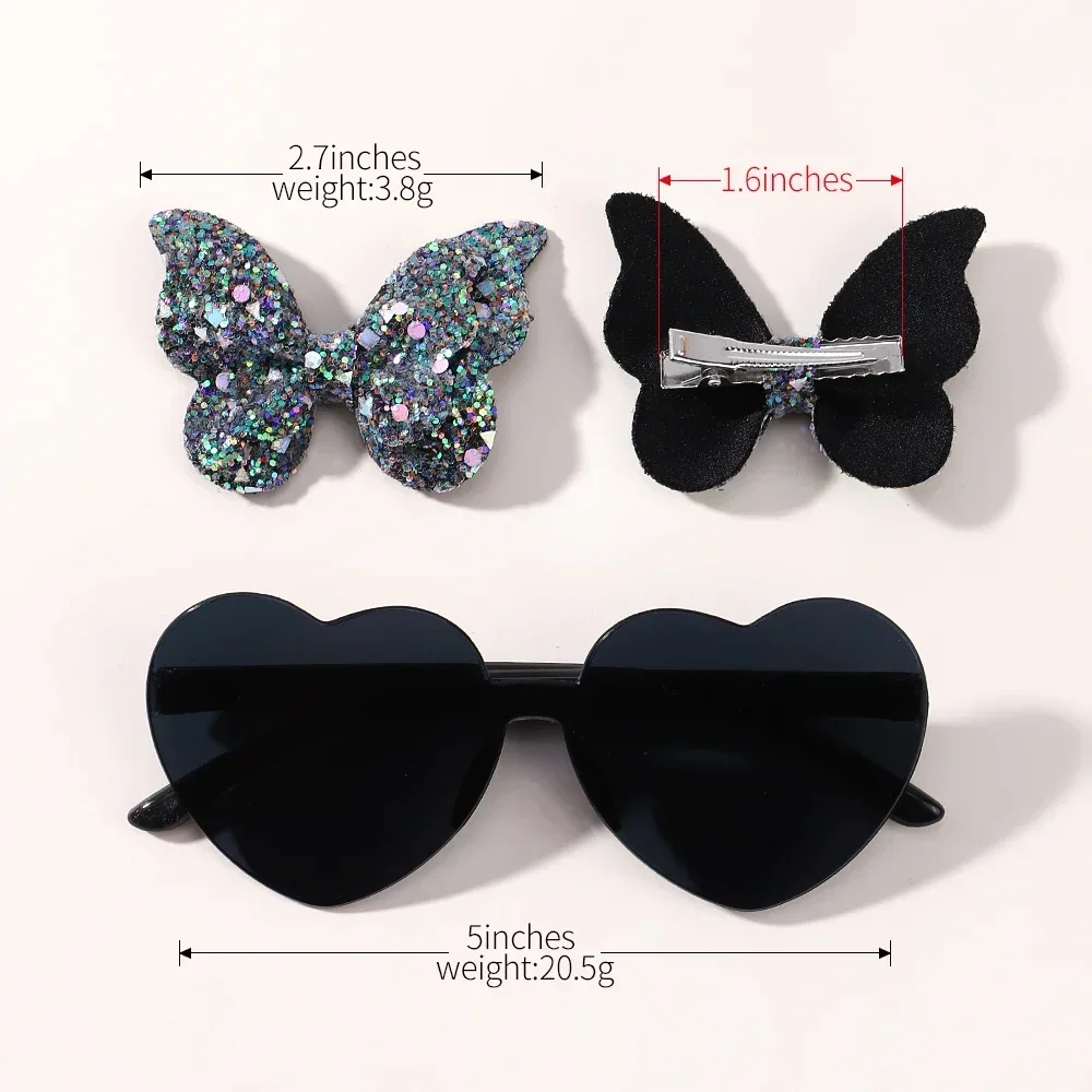 Juego de pinzas para el pelo de mariposa brillante, accesorios para el cabello, conjuntos de gafas, punto de onda de moda para niños, gafas de amor,