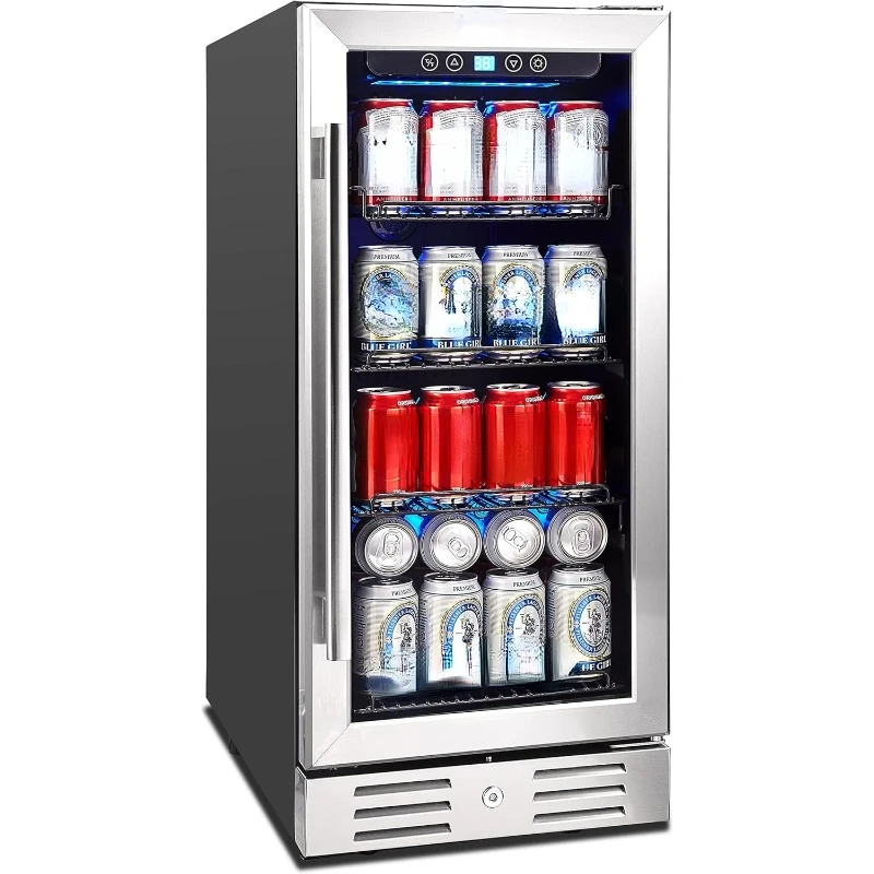 15” Beverage Cooler and Refrigerator Under Counter Built-in or Freestanding - 96 Cans Capacity Mini Fridge- for Soda, Water