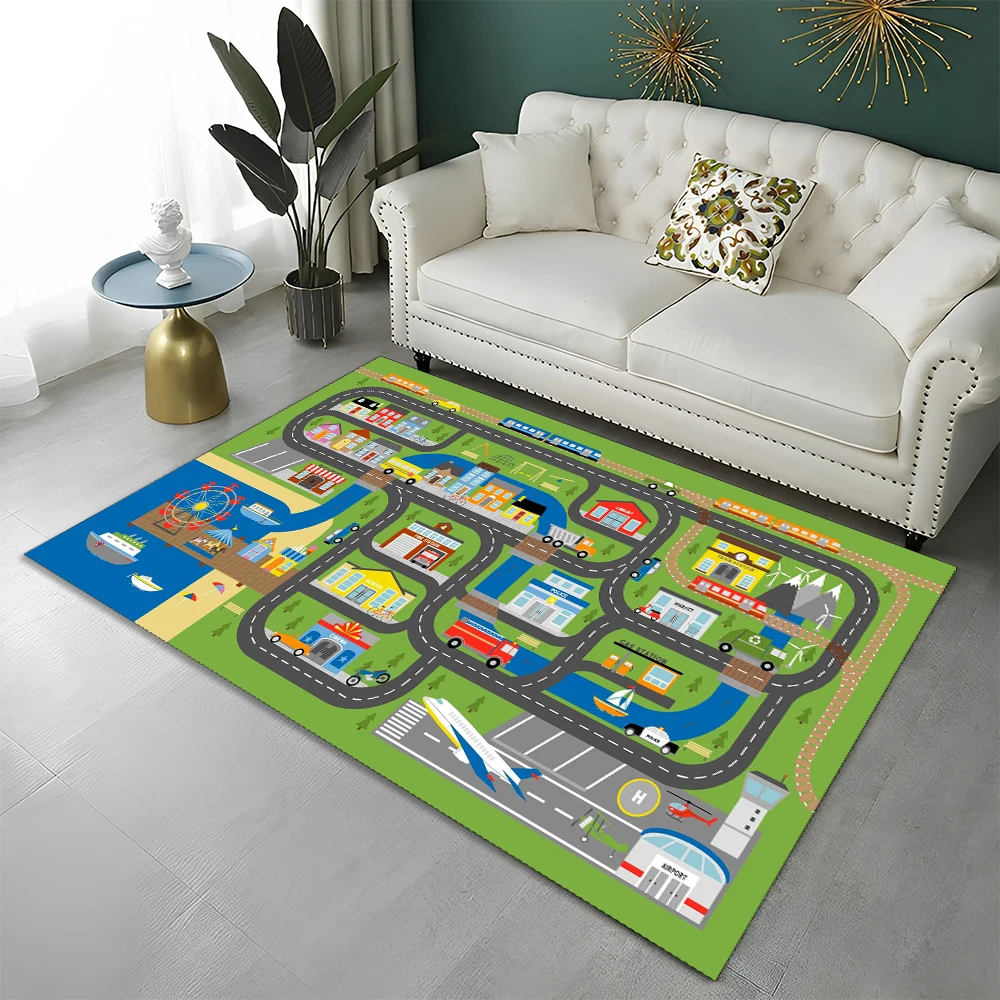 Highway City Child Playmat Traffic Playroom Carpet Rug for Home Living Room Bedroom Doormat Decor, Area Rug Non-slip Floor Mat