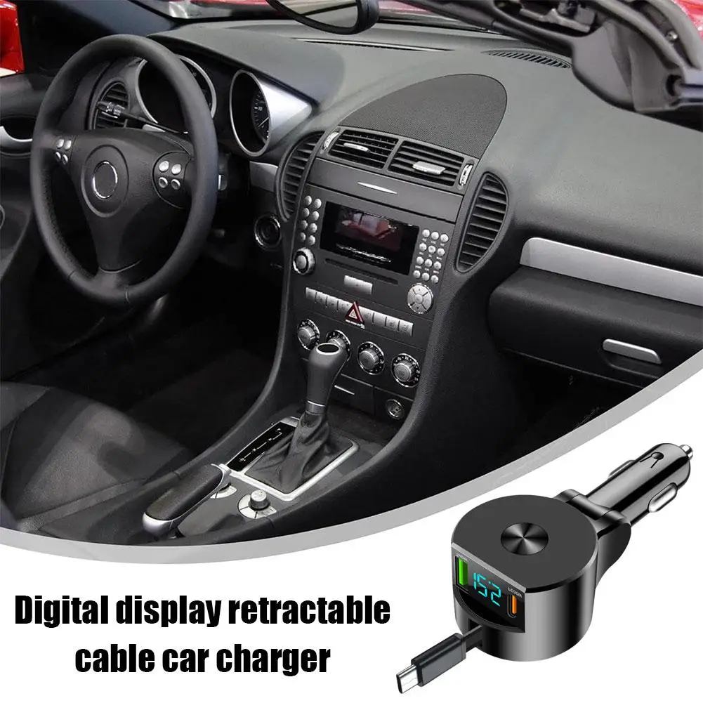 

30W Car Charger With Digital Display Retractable Cable Charger Power Car Adapter Fast Charging Cigarette Lighter F5W8