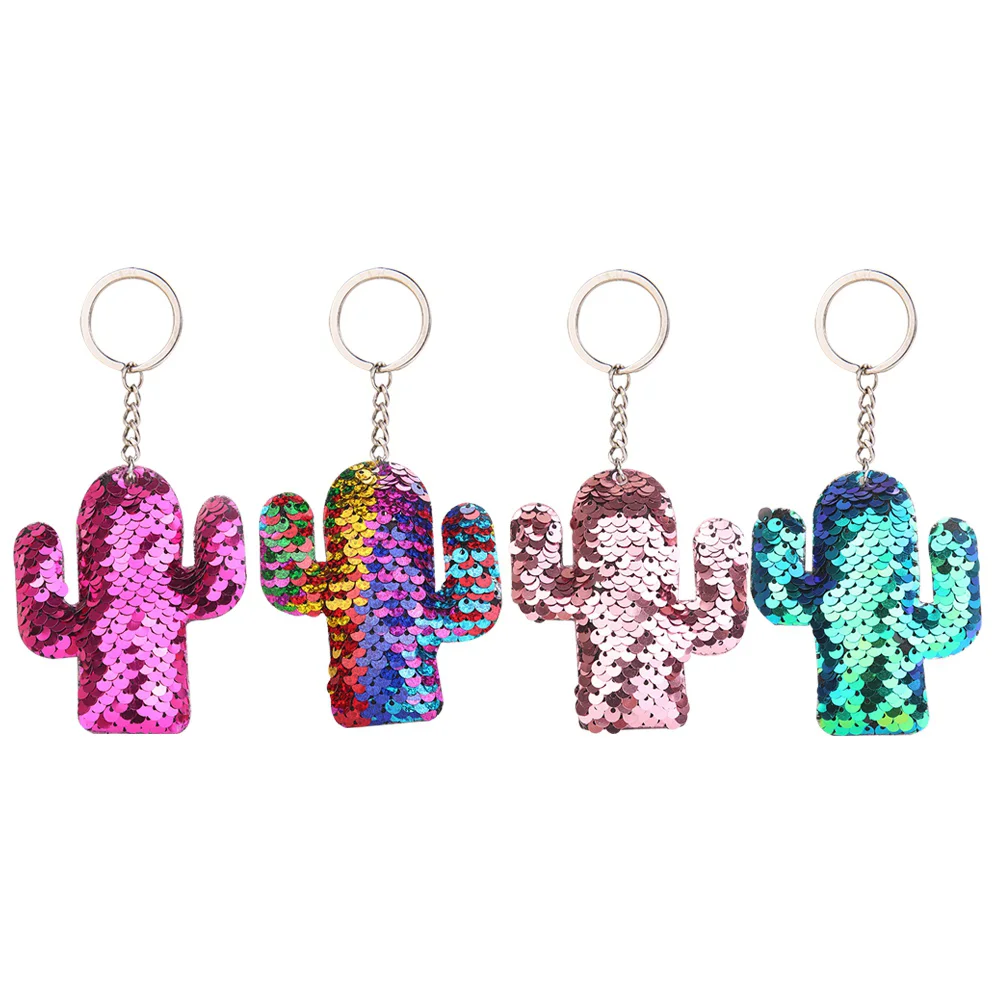 4pcs Glitter Sequins Cactus Keychain Cactus Keyring Colorful Key Chain Charm Key Holder(Blue and Pink and Rose Red and Colorful)