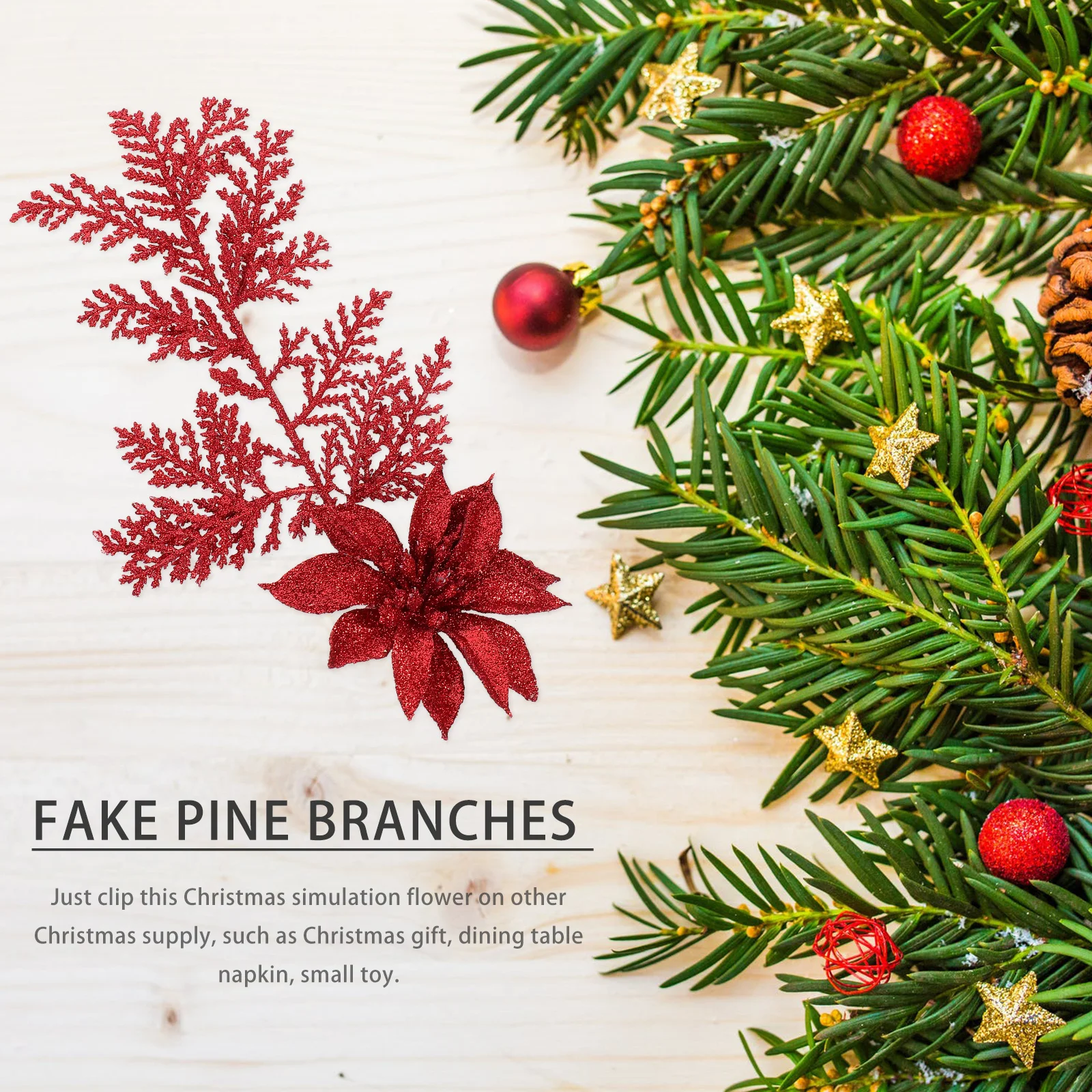 

6Pcs Christmas Artificial Flower Glitter Pine Branches Clip for Tree Decoration Table Setting Wreath Decor Festive Holiday
