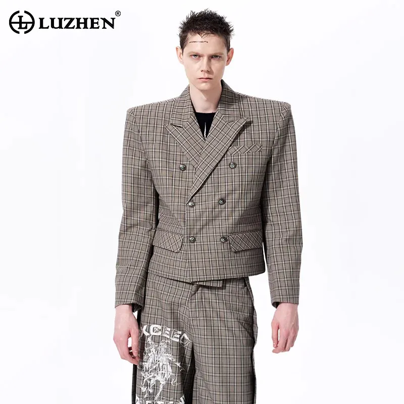 

LUZHEN 2026 Spring New Original Checked Printed Double Breasted Blazer Coat Men's Trendy Loose Straight Casual Pants Male JY6369