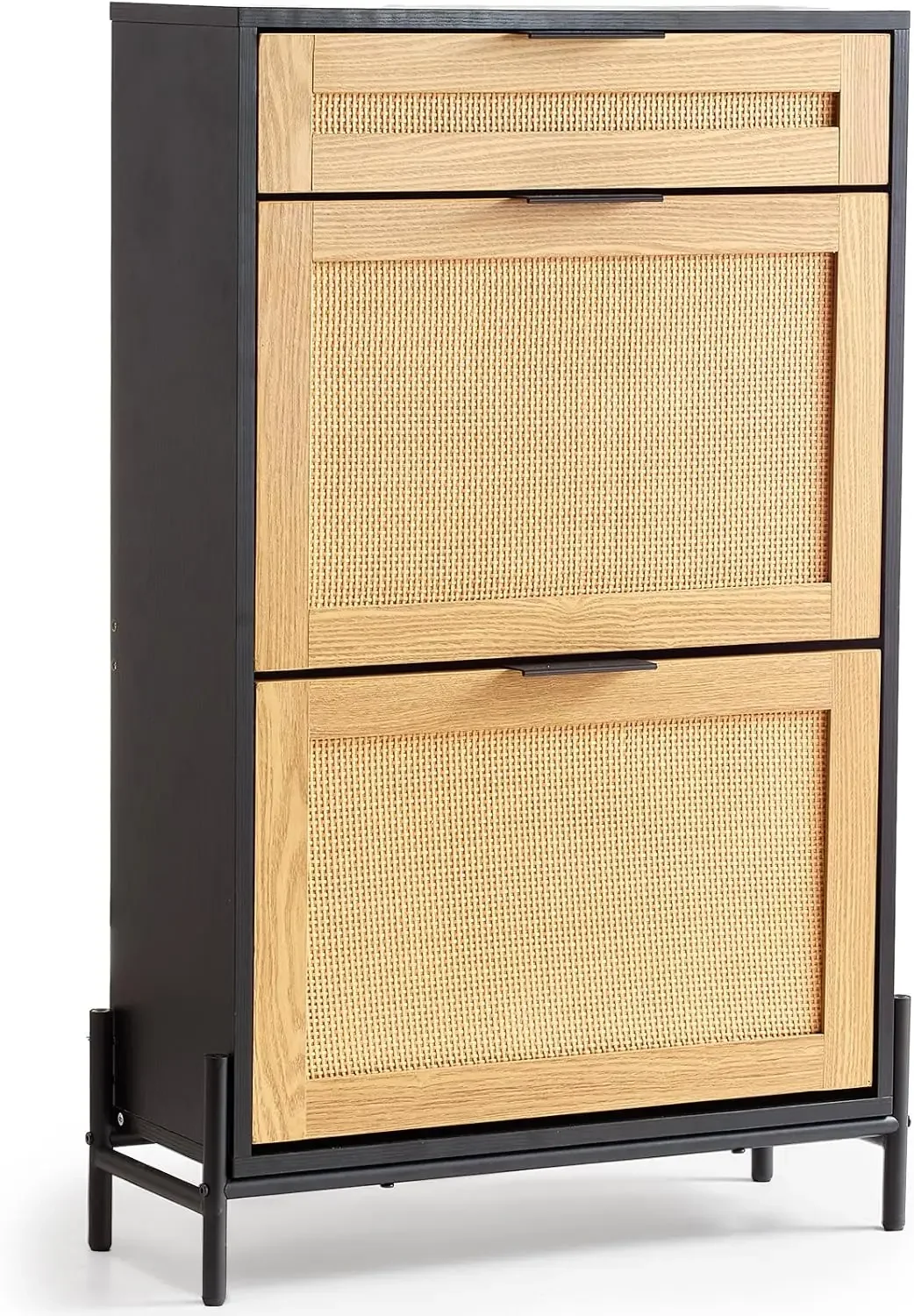 

Rattan Shoe Cabinet, Narrow Shoe Storage Organizer with 2 Flip Rattan Drawers & 1 Slide Drawer, Metal Legs, Slim Shoe Entryway