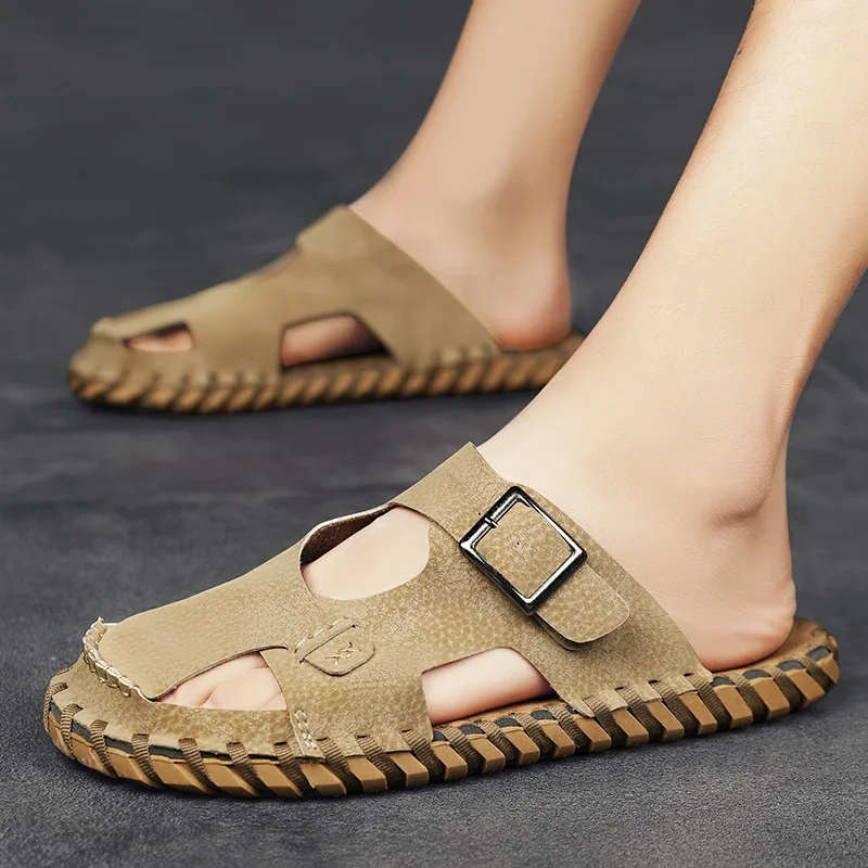 Summer Mens Slippers Casual Beach Sandals Outdoor Shoes Slides Walking Comfort Lightweight Leather Fashion Luxury Designer image 4