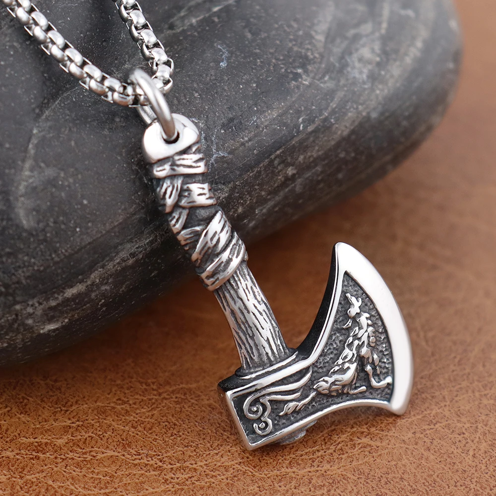 Retro Viking Wolf and Odin Crow Axe Pendant Boutique Stainless Steel Nordic Necklace for Birthday Gift Popular Jewelry Wholesale