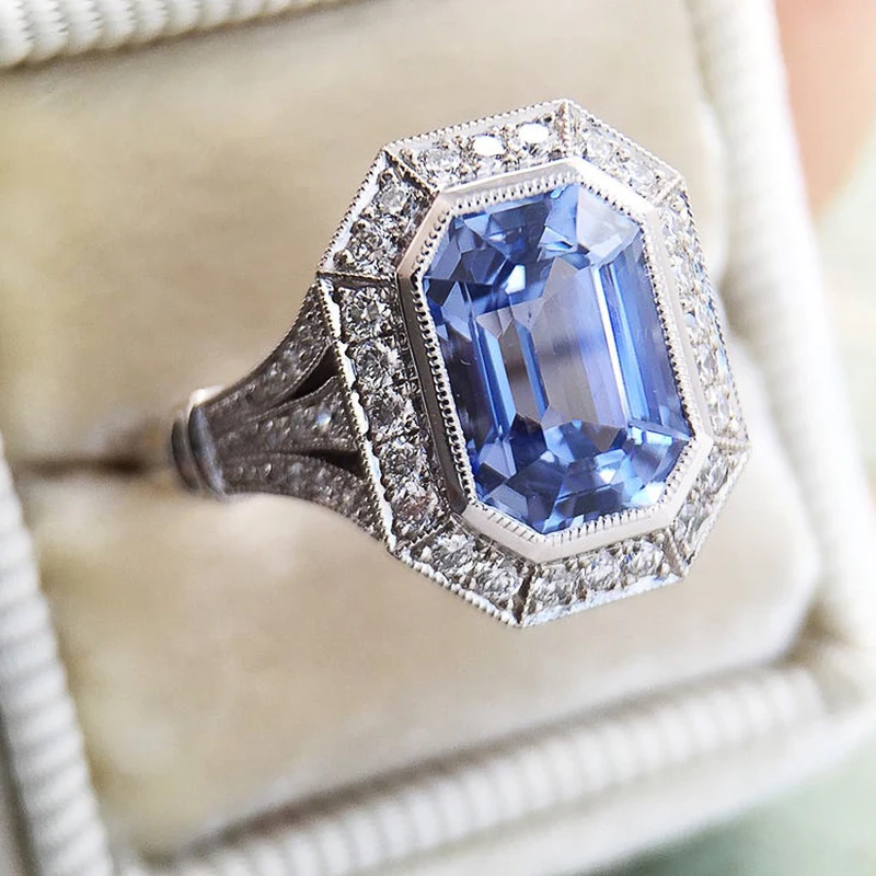Huitan Unique Geometric Blue Cubic Zirconia Rings for Women Engagement Wedding Trend Eternity Accessories Newly Designed Jewelry