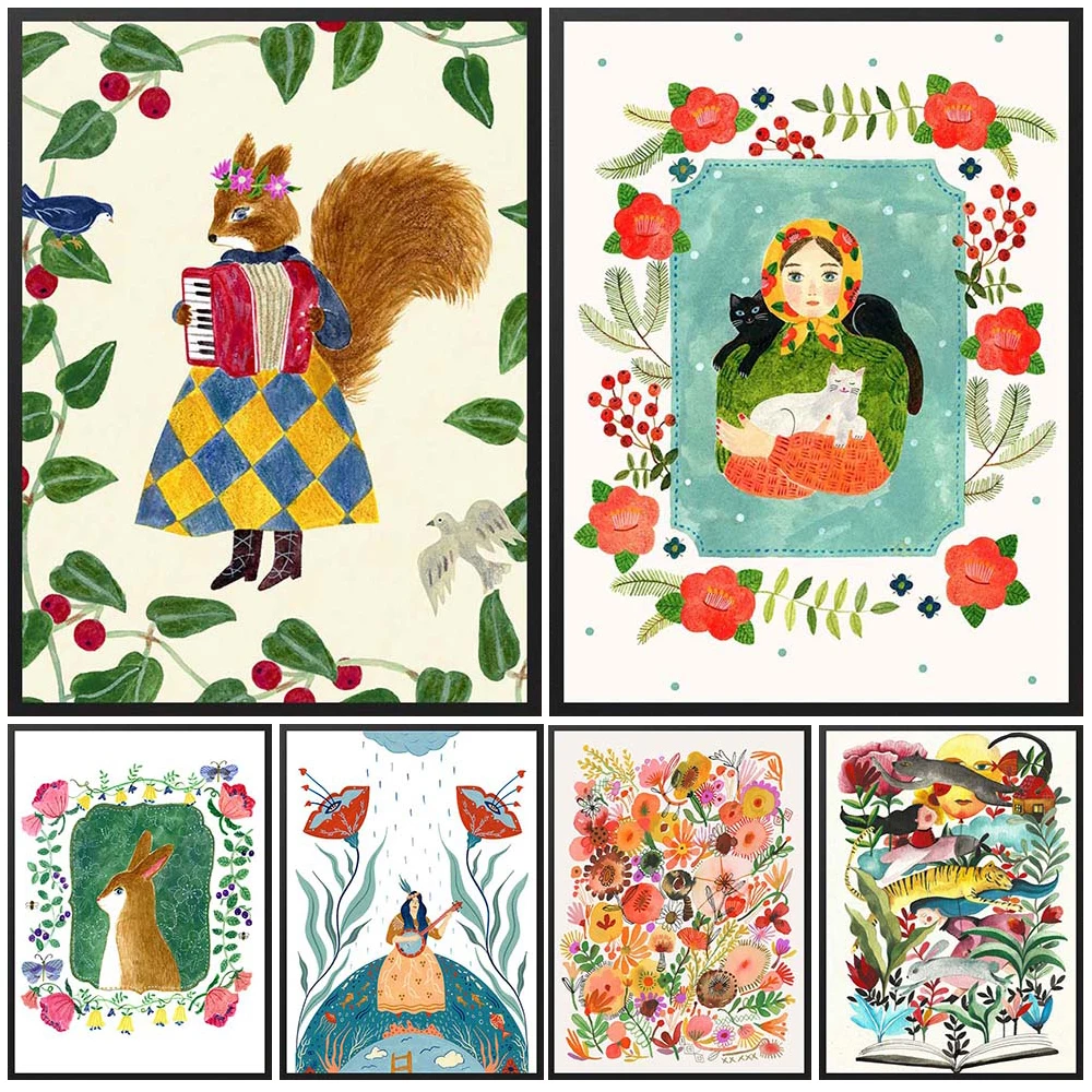 

Cartoon Girl Squirrel Nursery Flower Animals Poster Wall Art Canvas Painting Home Decor Wall Pictures For Living Room Unframed
