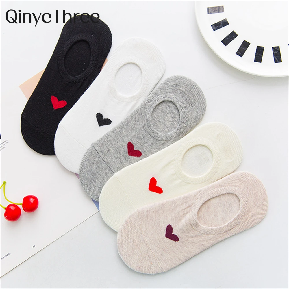 New Women\'s Summer Red Love Heart Breathable Soft Cotton Short Socks Unisex No-Slip Invisible Sokken Dropship