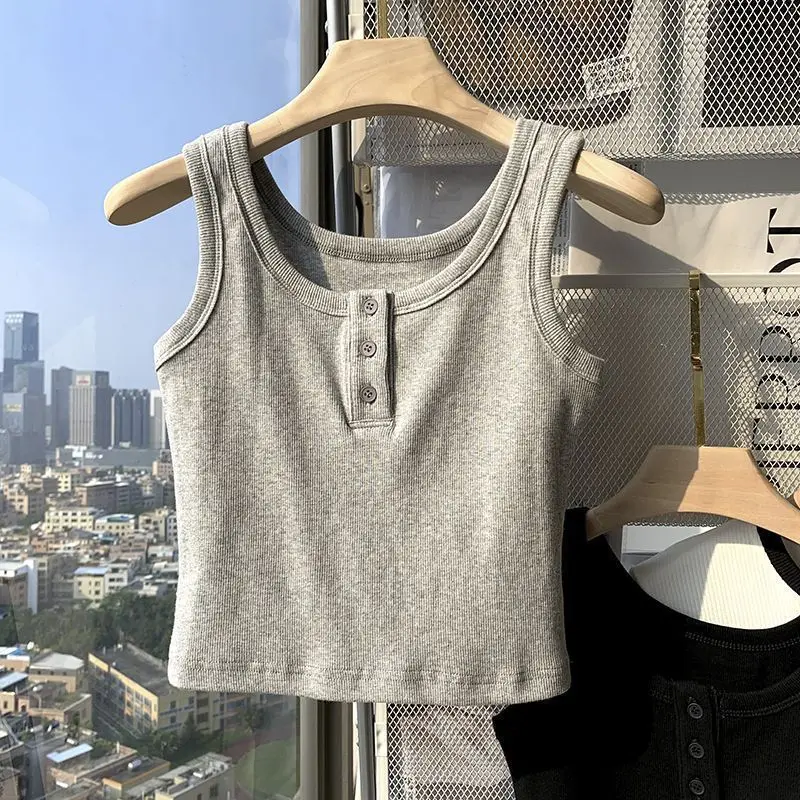 Chaleco ajustado sin mangas gris informal para mujer, pantalones de pierna ancha blancos, conjunto de 1 o dos piezas, camisetas sin mangas sólidas básicas de verano 2025, traje de pantalones