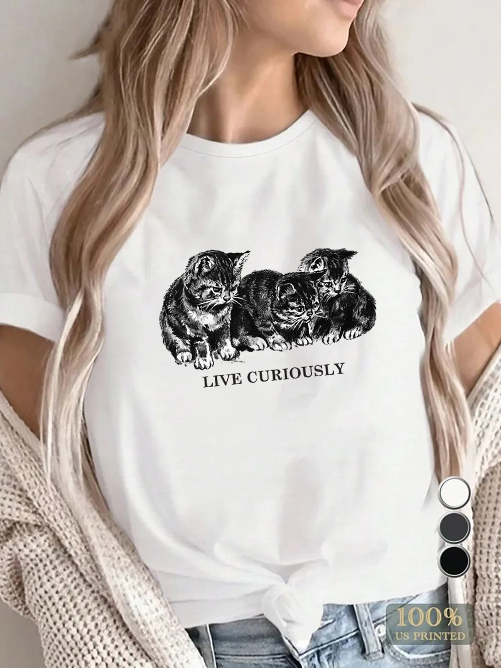 

Женская футболка с графическим принтом «Три кота», 100% хлопок, винтажный стиль, оверсайз, с короткими рукавами, с изображением животных