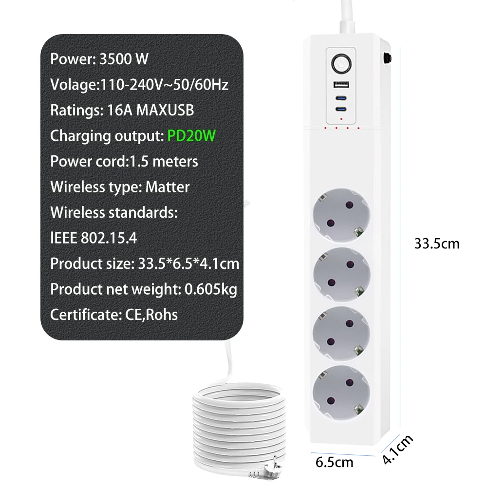 EU Matter Smart Power Strip 1USB 2Type C PD20W Fast Charging Overload Protection Siri Google Remote Voice Timing Control Socket