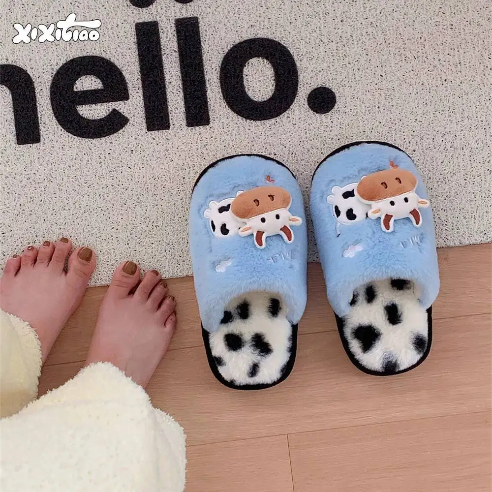 

Cute Soft Cow Print Cotton Slippers Unisex Indoor Anti Slip Winter Warm Couple Furry Maternity Slippers