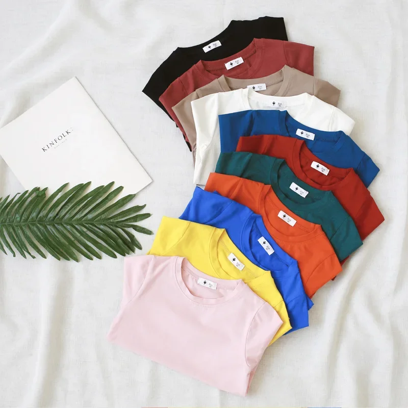 T-Shirts Clothes Cotton Short  Sleeve Yellow Red Green Kids Under Shirt Bottoming Clothing 24 Colors Summer Girls Boys Solid