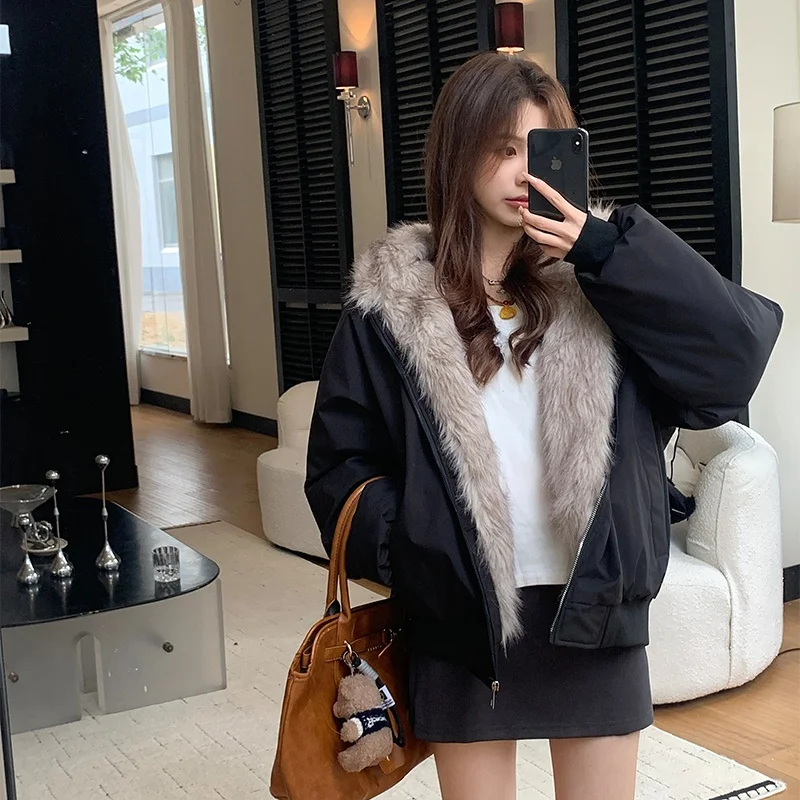 

Retro American Style Women's down Cotton Jacket Thickened Loose Fit Hooded Coat with Large Fur Collar Winter New Arrival