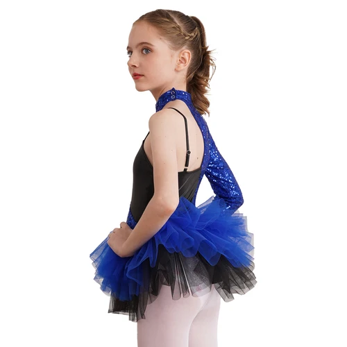 Imagen 2 del producto Vestido de baile de Ballet para niñas, faldas de tul con lentejuelas, trajes de baile de Jazz, mangas de un hombro, gimnasia, patinaje artístico, leotardo