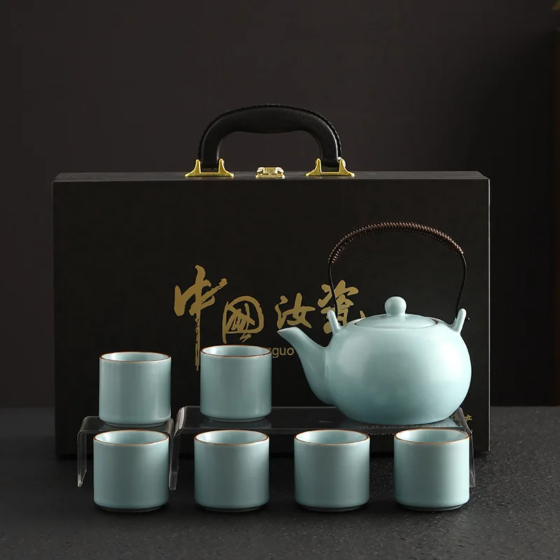 

Бежевый чайный сервиз Ru в стиле кунг-фу для домашнего офиса, светильник для приема, роскошный китайский фарфоровый чайник Ru, подарочный набор для бизнеса
