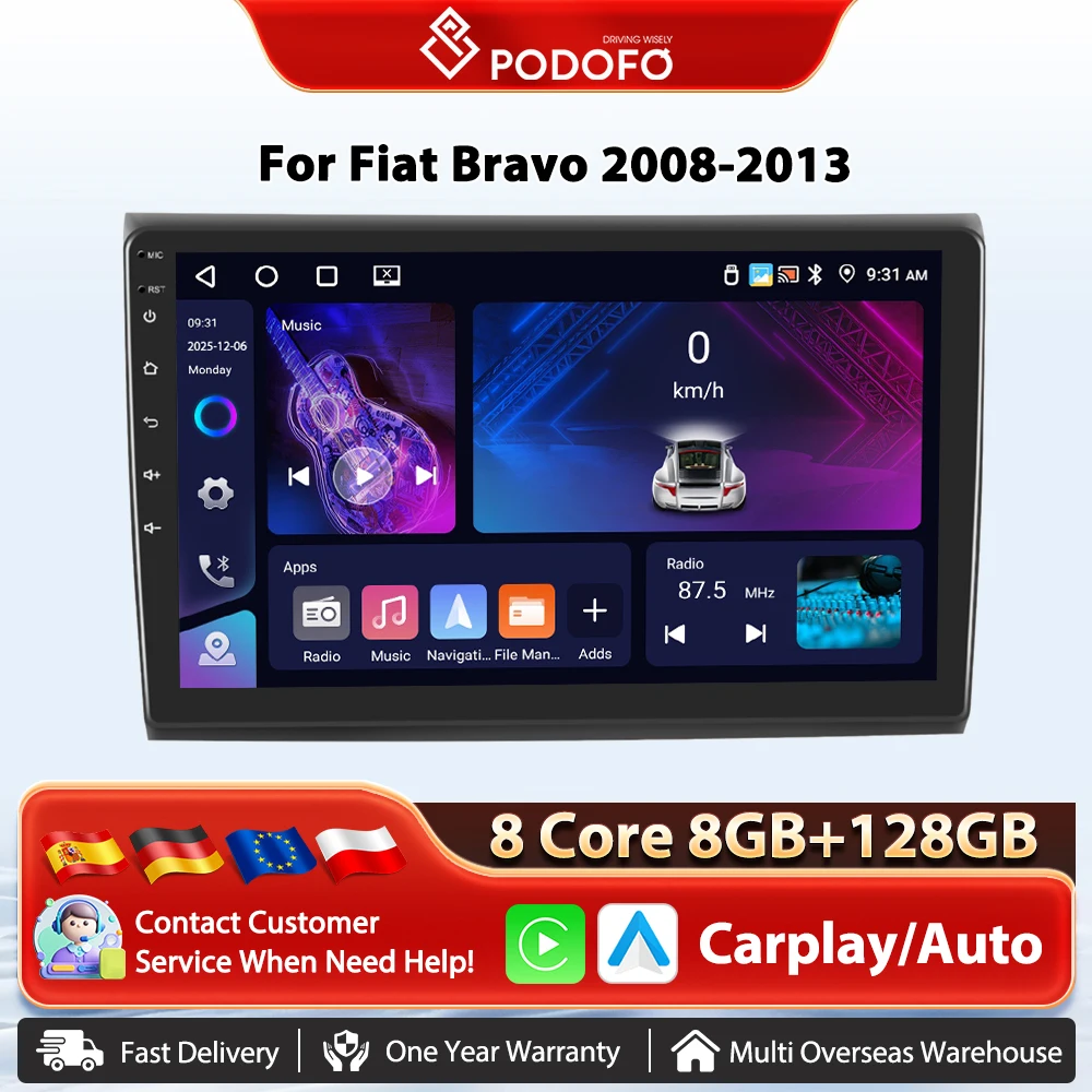 Podofo Android Auto Drahtlose Carplay Auto Radio Für Fiat Bravo 2008-2013 4G WIFI GPS Mirrorlink Auto Multimedia player RDS Radio
