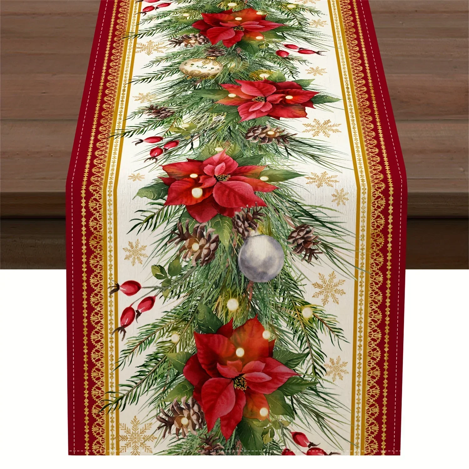 Christmas Poinsettia Pine Needle 2026 Table Runner Party Decor Washable Winter Kitchen Dining Table Runner Christmas Decoration