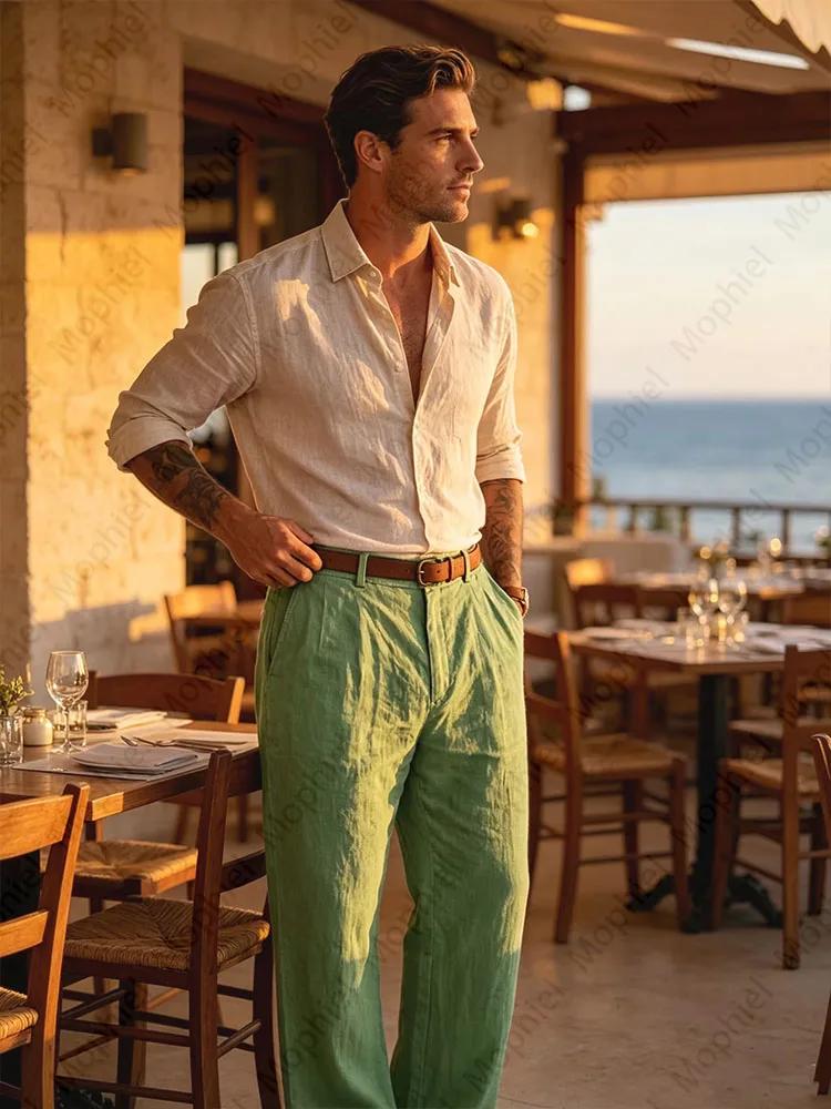 Men's Pants Casual Cotton Linen Summer Beach Pants Elastic Waist Lightweight Loose Fit Trousers with Pockets for Daily Wear