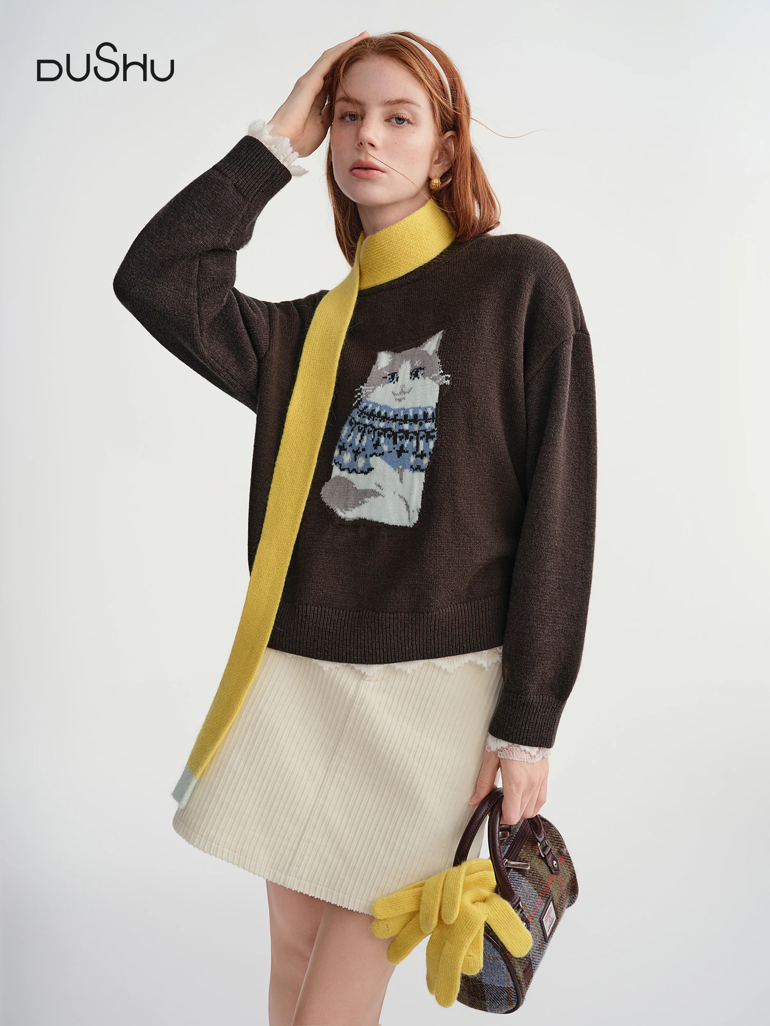 

DUSHU 2025 Winter Women's Fun Animal Pattern Jacquard Knit Sweater - Relaxed Fit Round Neck Slimming Pullover for Casual Comfort