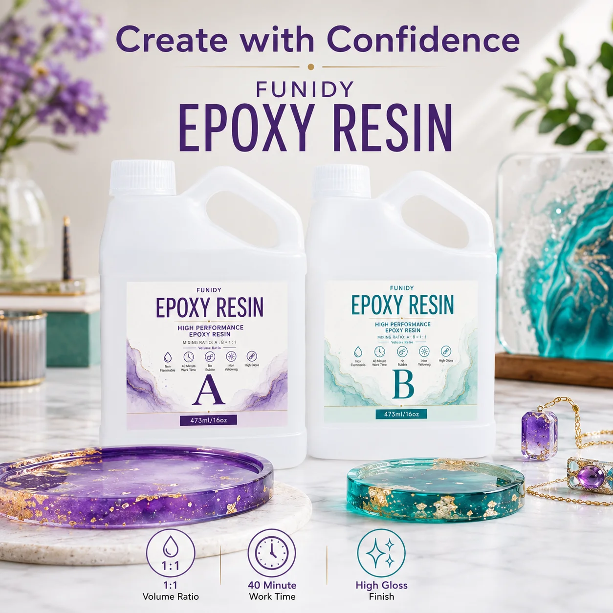 Epoxy, Crystal Clear, Self-Leveling, Epoxy Resin Kit for Art, Jewelry, Tables & Countertops, Crafts, Easy 1:1 Mixing