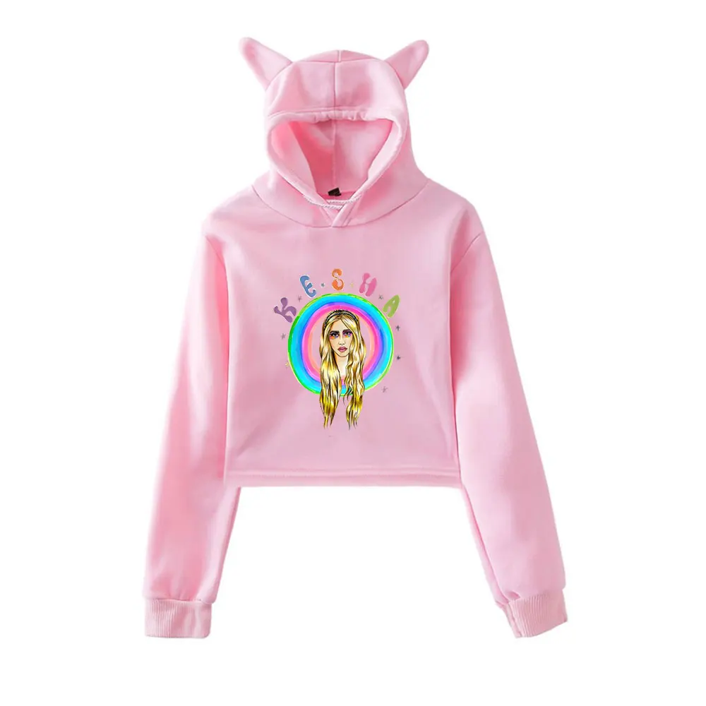 

Kesha Merch винтажная уличная одежда 90-х годов с логотипом, толстовки с капюшоном для девочек, укороченный модный спортивный пуловер с кошачьими ушками