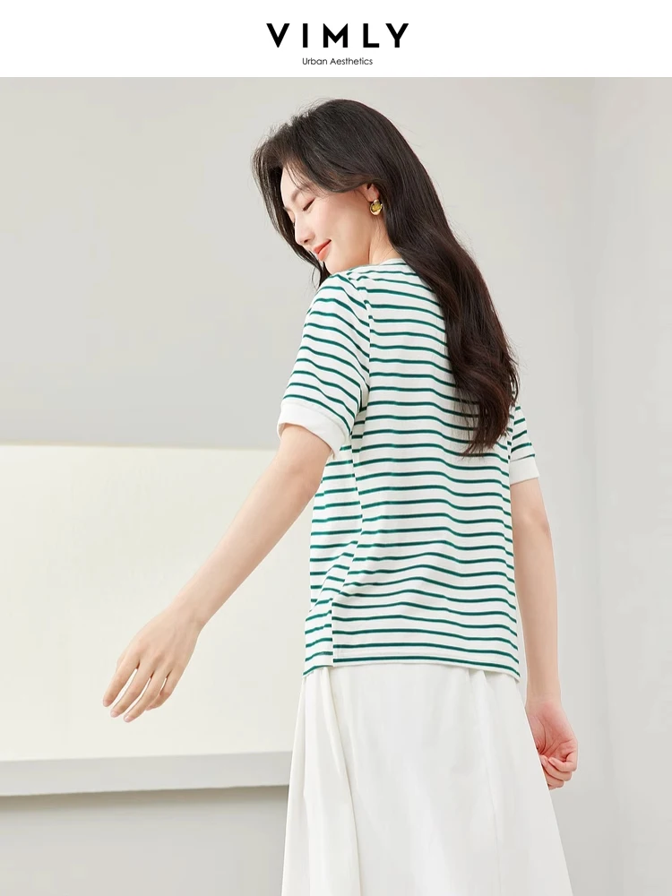 Vimly Contrast Striped Cotton Short Sleeve Women\'s T-shirt 2024 Summer Woman Simple Loose Casual Round Neck Pullovers Top M6563