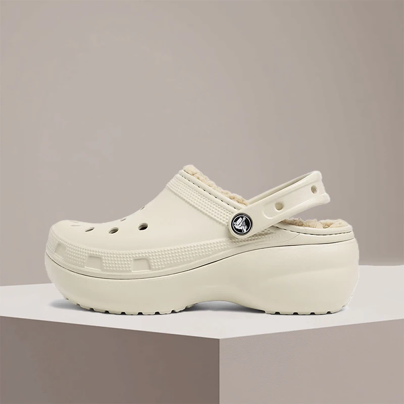 Crocs Classic Platform Lined Clog Off-White Classic Stylish Non-Removable Fleece Lining Women Slip-On Beach Sandal 207938-2Y2