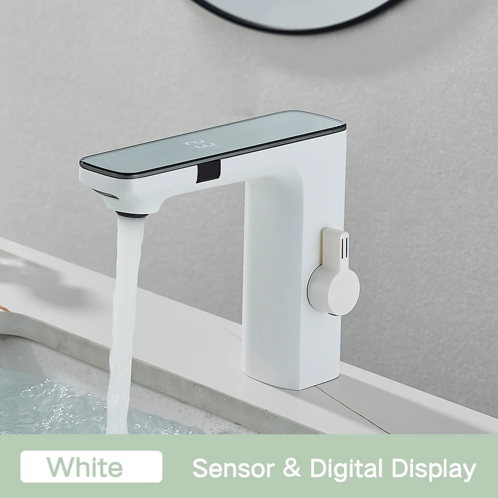 Rozin Touchless Sensor Wastafel Kraan Smart Digitale Display Badkamer Wastafel Kranen Grijs Messing Gevoel Warm Koud Water Mengkraan Kraan