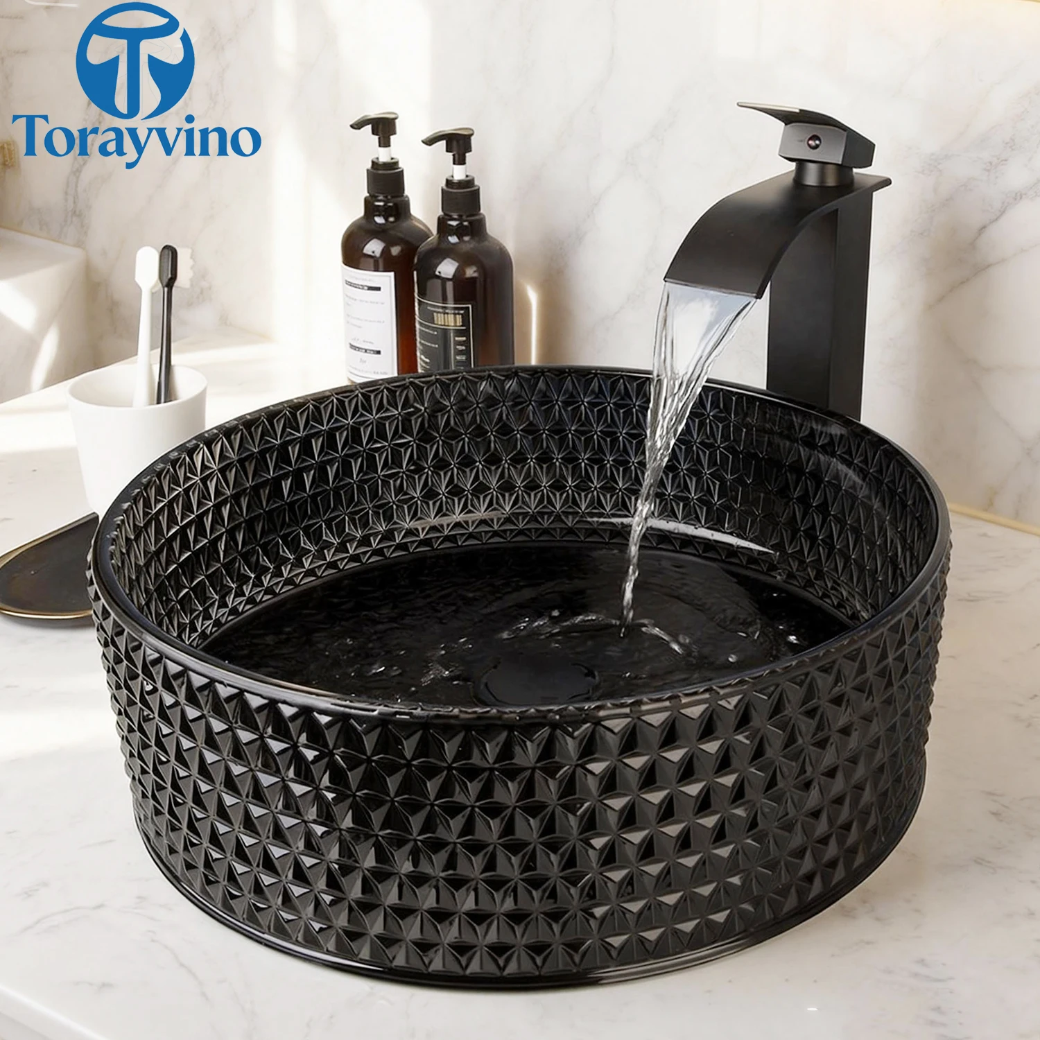 Torayvino Transparent Glass Bathroom Basin Set Diamond Shaped Texture Sink With Hot Cold Faucets And Pop-up Drainage Mixer Taps