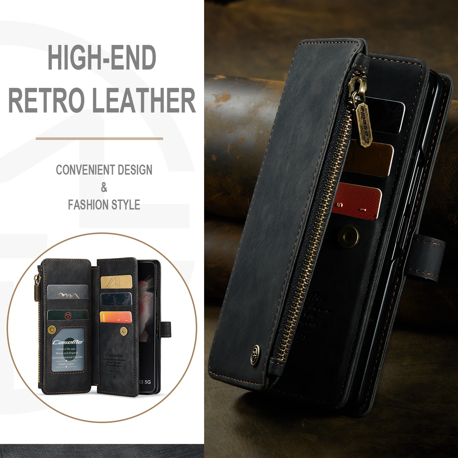 for Samsung Galaxy Z Fold 3/4 Wallet Case,Durable PU Leather Magnetic Wallet Flip Lanyard Strap Wristlet Zipper Card Holder Case