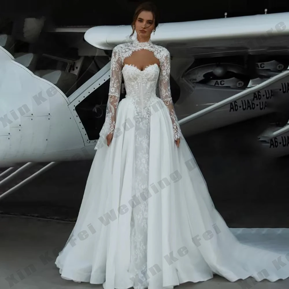 Abiti da sposa in pizzo Collo alto Manica lunga A-line Appliques Abito da sposa a sirena Abito da sposa elegante robe de mariée personalizzato