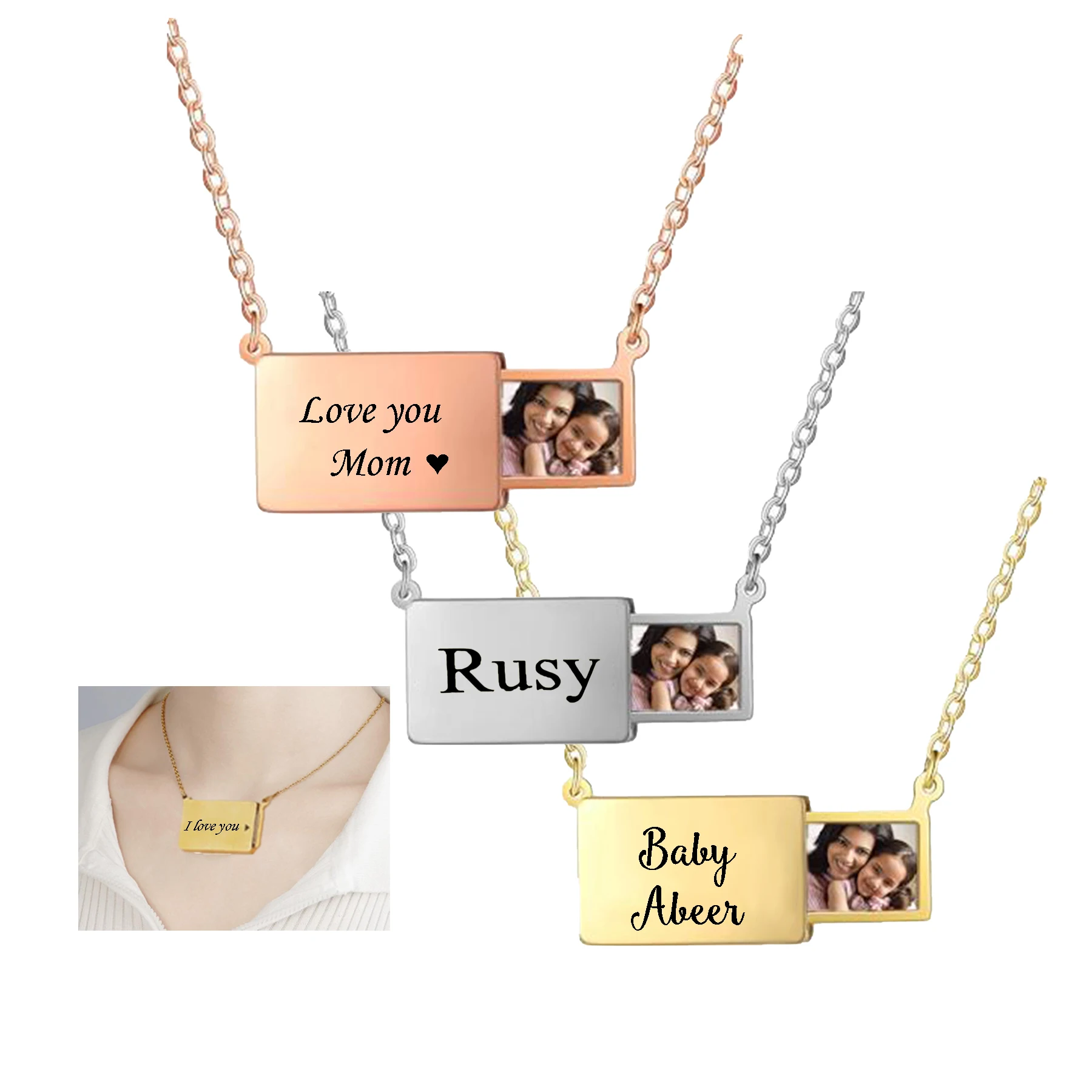 شخصية المغلف سحب التدريجي صورة قلادة الفولاذ المقاوم للصدأ المنجد قلادة لصديق العائلة مخصص نقش المجوهرات التذكارية