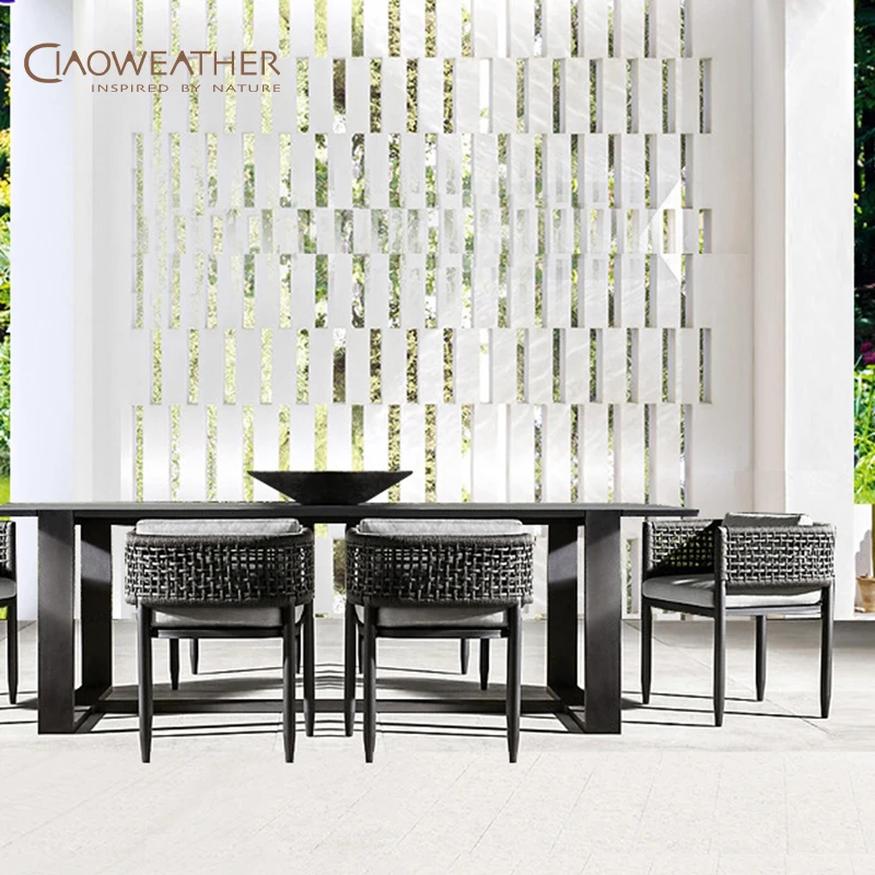 Modern Rope PE Rattan Set Garden Patio Restaurant Dining Tables And Chairs Outdoor Coffee Shop Aluminum Dining Set