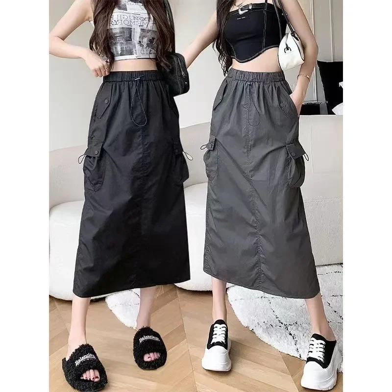 Large Size Women Spring Drawstring Solid Color Half Length Skirt New Forking Solid Color Elastic Waist Pocket All-match Skirt