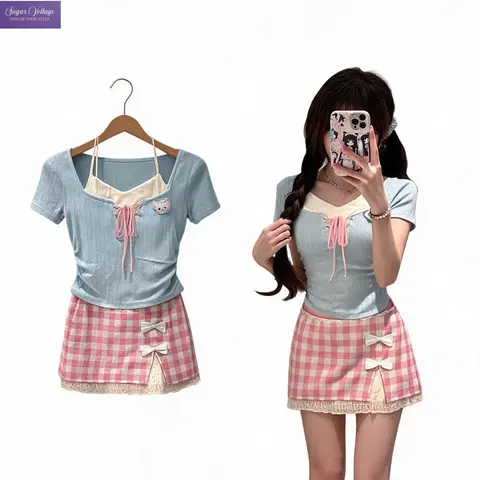 Sweet Korean Fake Two Piece Short Sleeve 2 Pieces Set Female Bow Gingham Plaid Lace Mini Skirt Suits Daily Chic Popular Clothes
