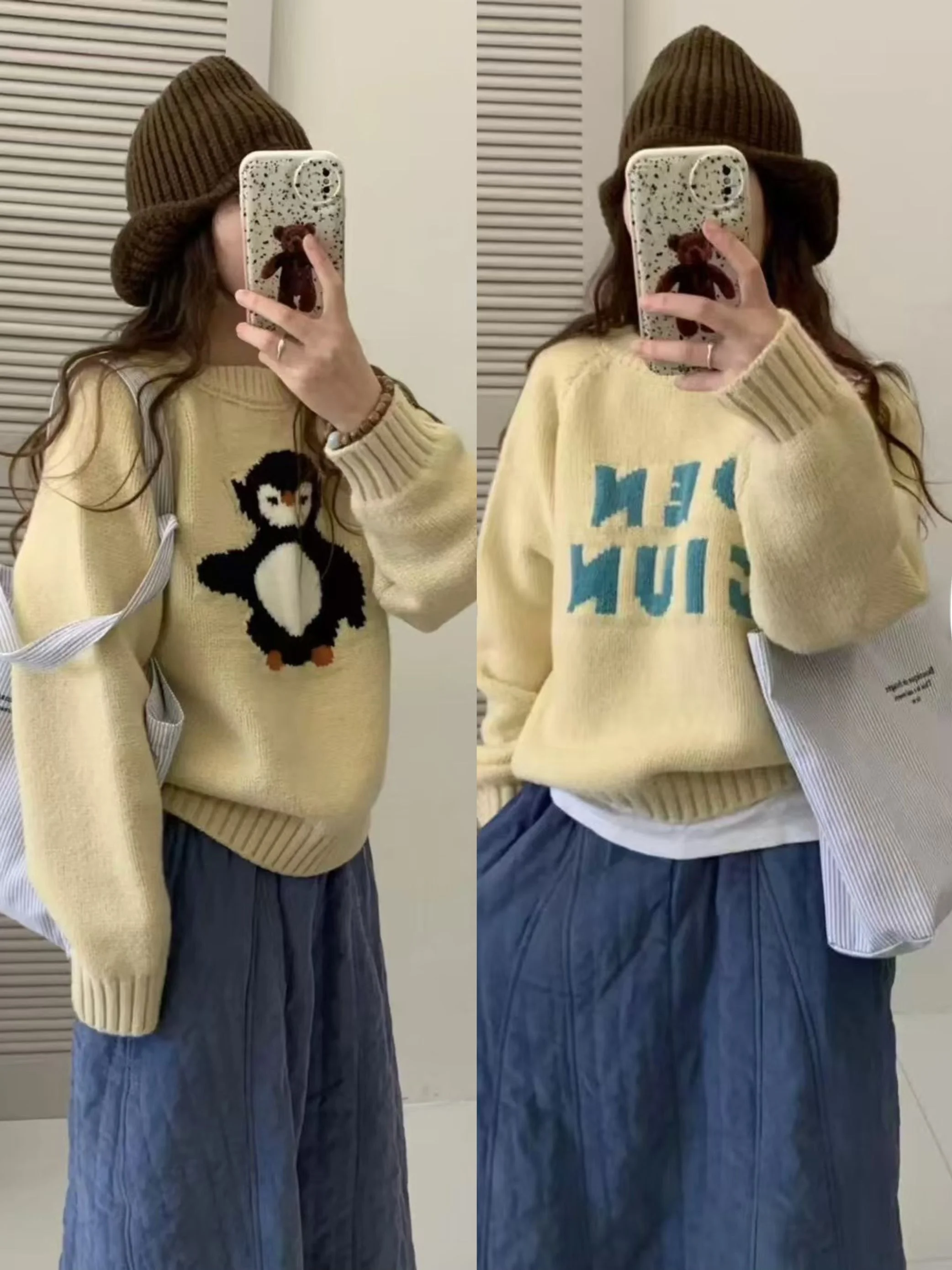 

Двусторонний носимый вязаный свитер Penguin Bet, женский свободный круглый пуловер, осенне-зимний теплый топ