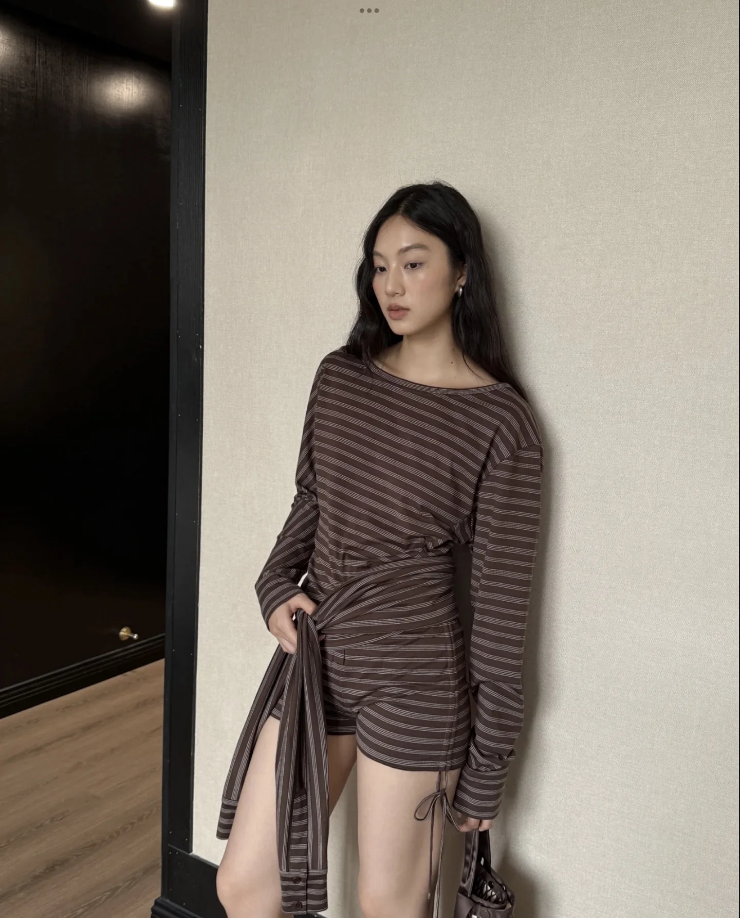 

Women Cotton Striped Diagonal Collar Long Sleeve Shirt+ Wrapped High Waist Shorts Set