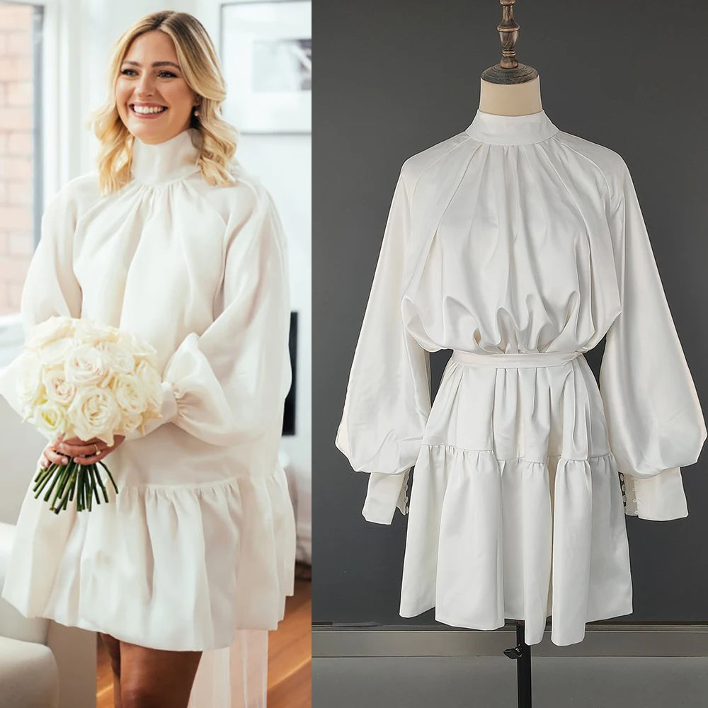 Abito da sposa in Organza di raso con collo alto Mini lunghezza su misura sopra il ginocchio maniche lunghe a sbuffo increspato abito da sposa taglie forti