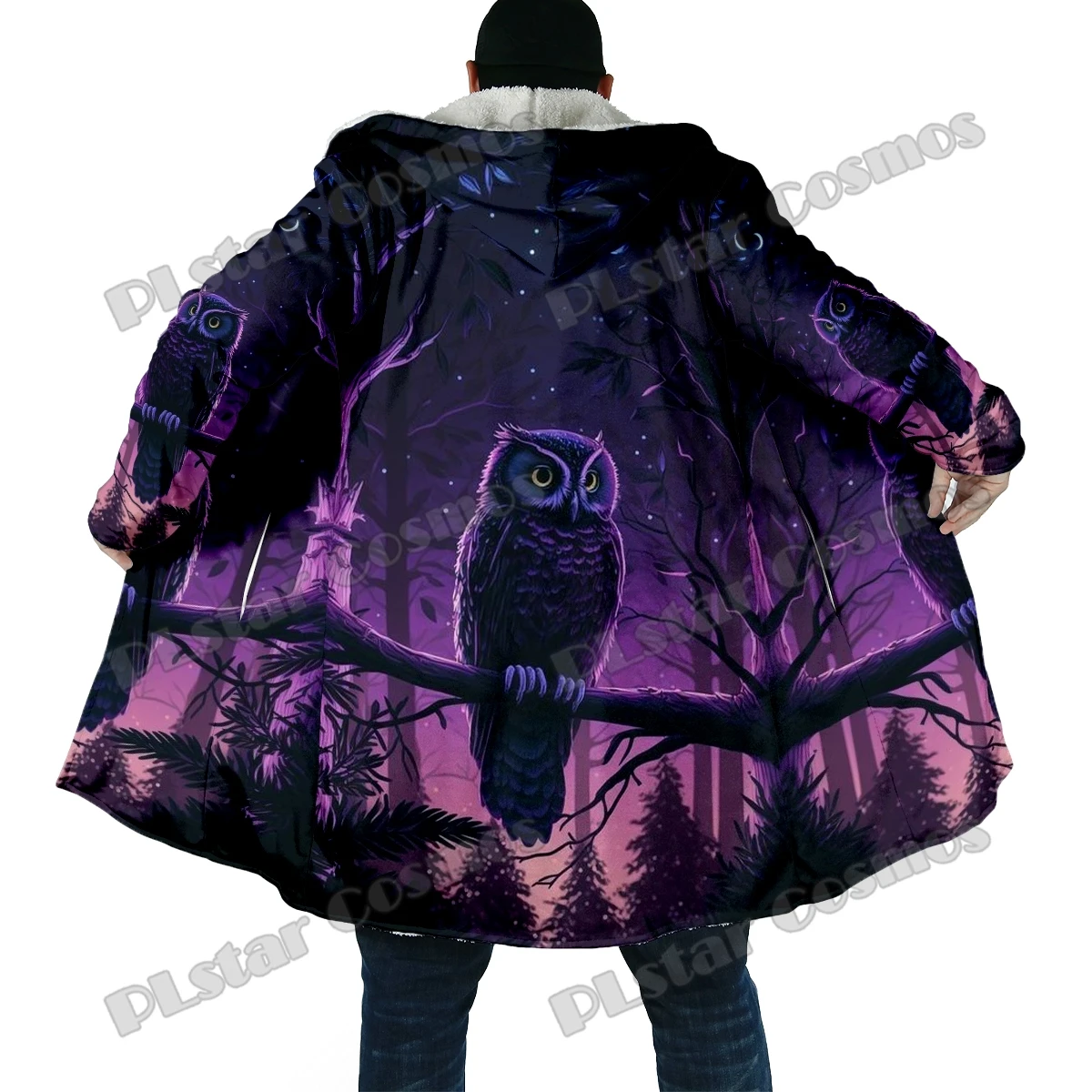 Winter Fashion Men's cloak Halloween Owl Moon Pattern 3D Printed Thick Fleece Hooded Cloak Unisex Casual Warm Cape Coat DP63