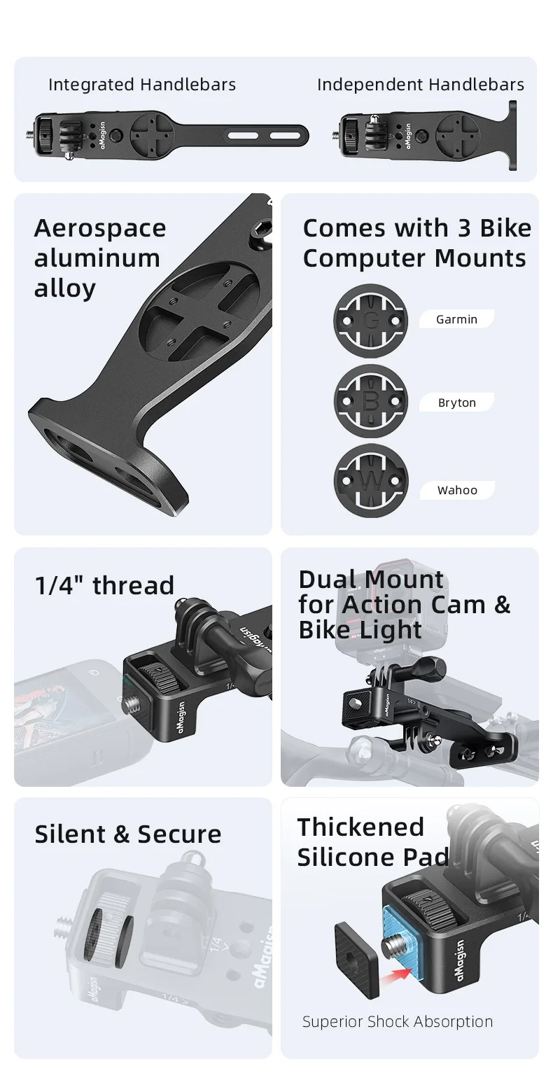 aMagisn Fahrradcomputer-Halterung aus Aluminium mit 1/4-Zoll-Gewinde und 3-Pin-Anschluss für Garmin, Wahoo, Bryton & GoPro 13, DJI Insta360 Action-Kamera Zubehör – Detail 2