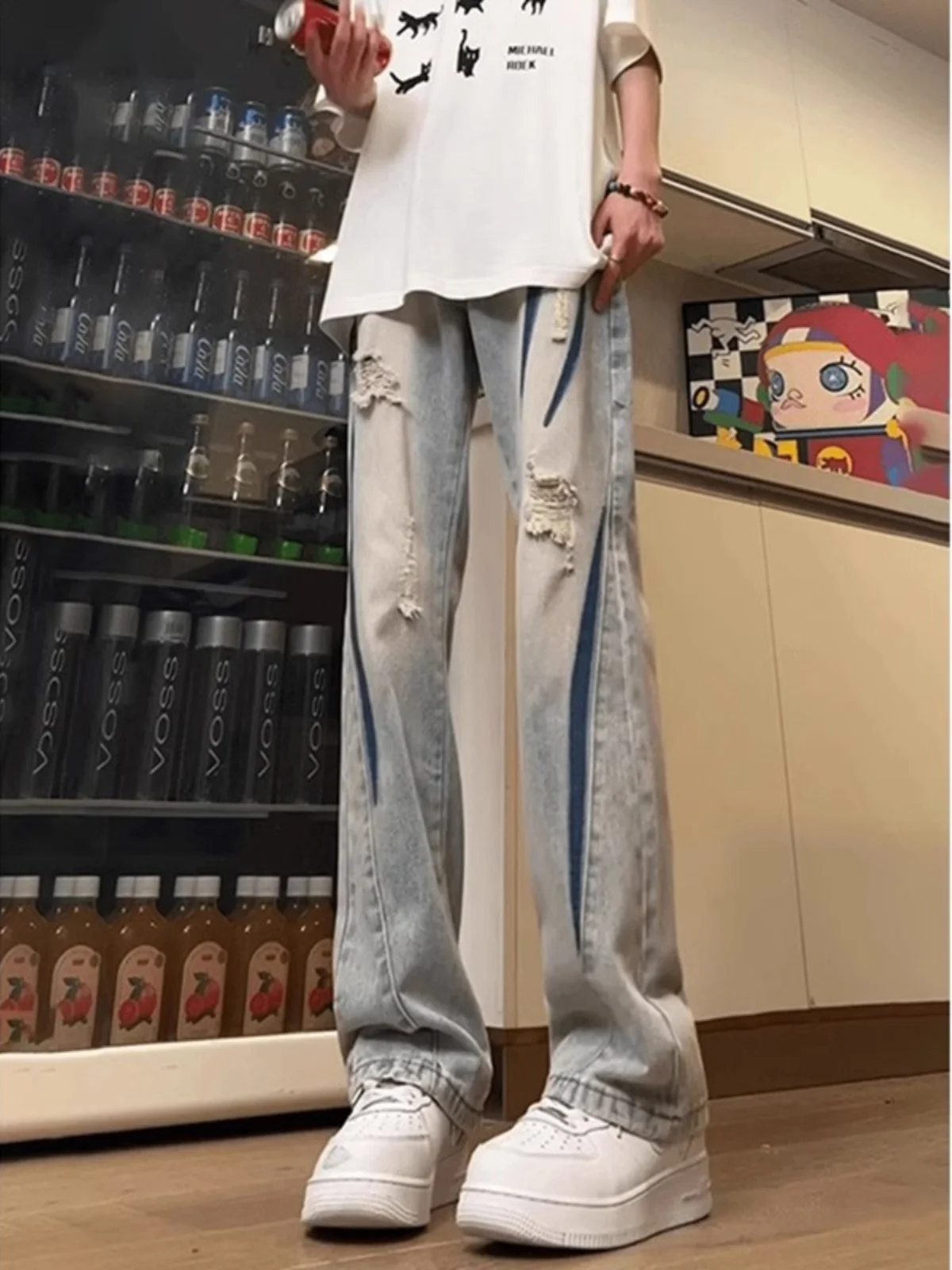 

Мужские летние джинсы свободного кроя в американском стиле, прямые длинные брюки в стиле хип-хоп, повседневные молодежные модные брюки